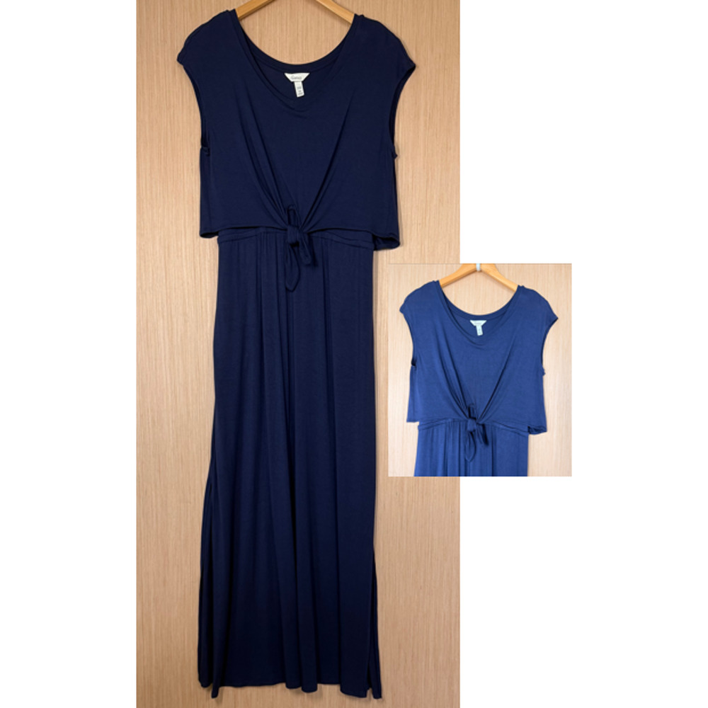 Soma Jersey Knit Maxi Dress Womens Size Medium Navy Blue Pockets Slits